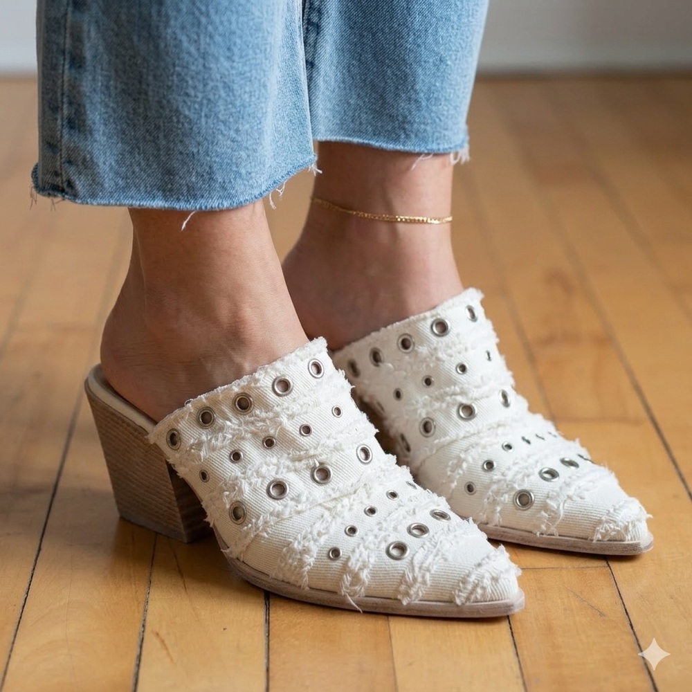 Elena Iachi Sz 39 (8.5) Western Rivet Boho Slip On Heel Pointy Toes Shoes